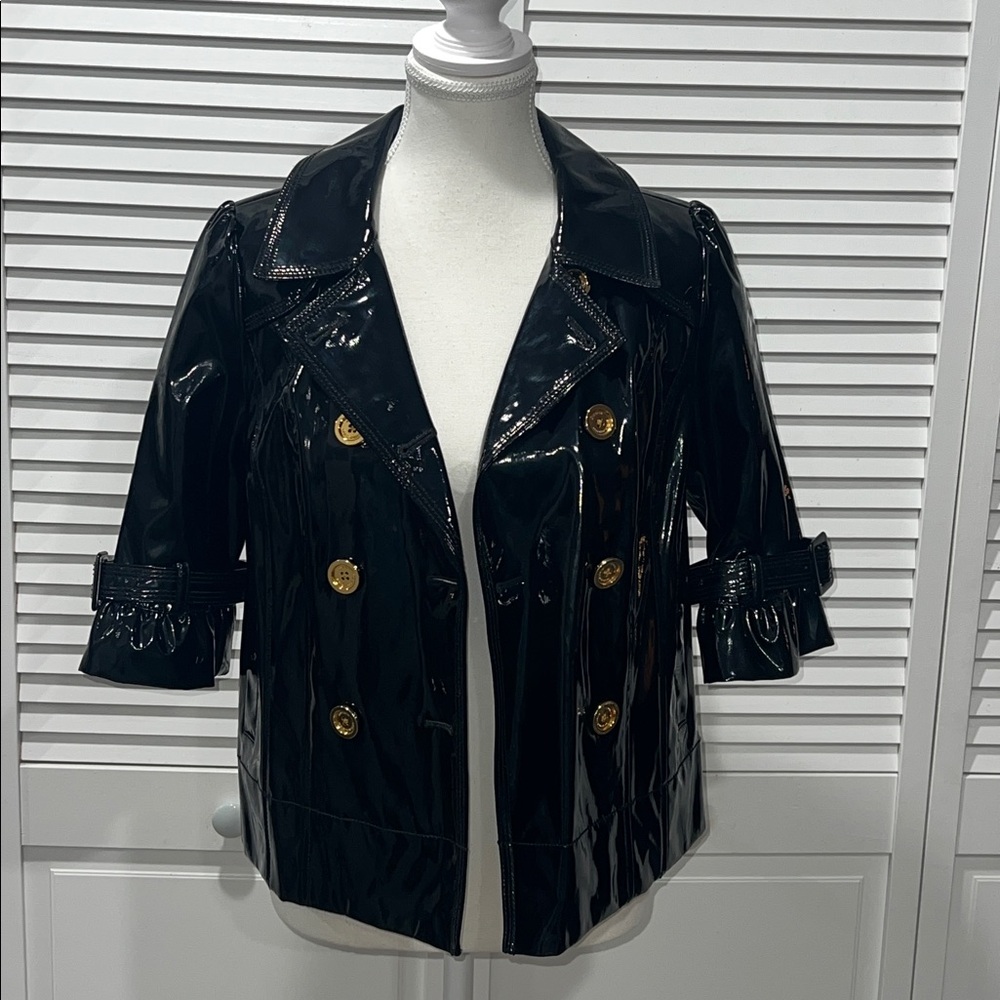 JUICY COUTURE | Black Rain Coat W/ Gold Logo Buttons & Ruffle 3/4 Sleeves 🖤 - Picture 4 of 11